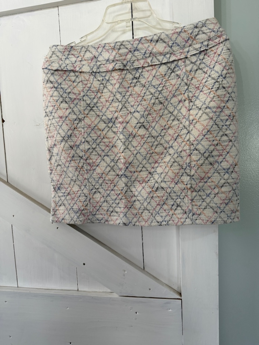 Fate Textured Windowpane Tweed Mini Skirt - Ivory with Pink & Blue